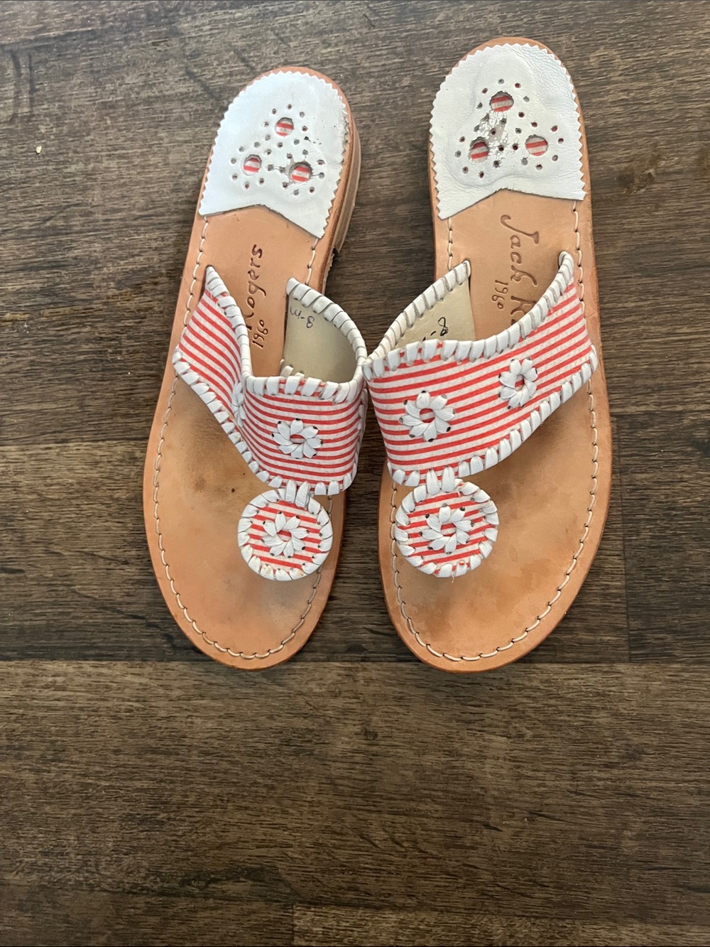 Jack Rogers red & White Striped Leather Thong Sandals
